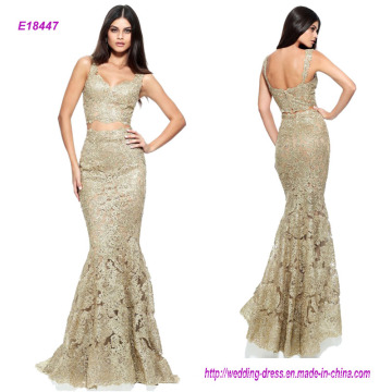 Sexy Two-Piece Sleeveless Gold Lace Mermaid Prom Dress